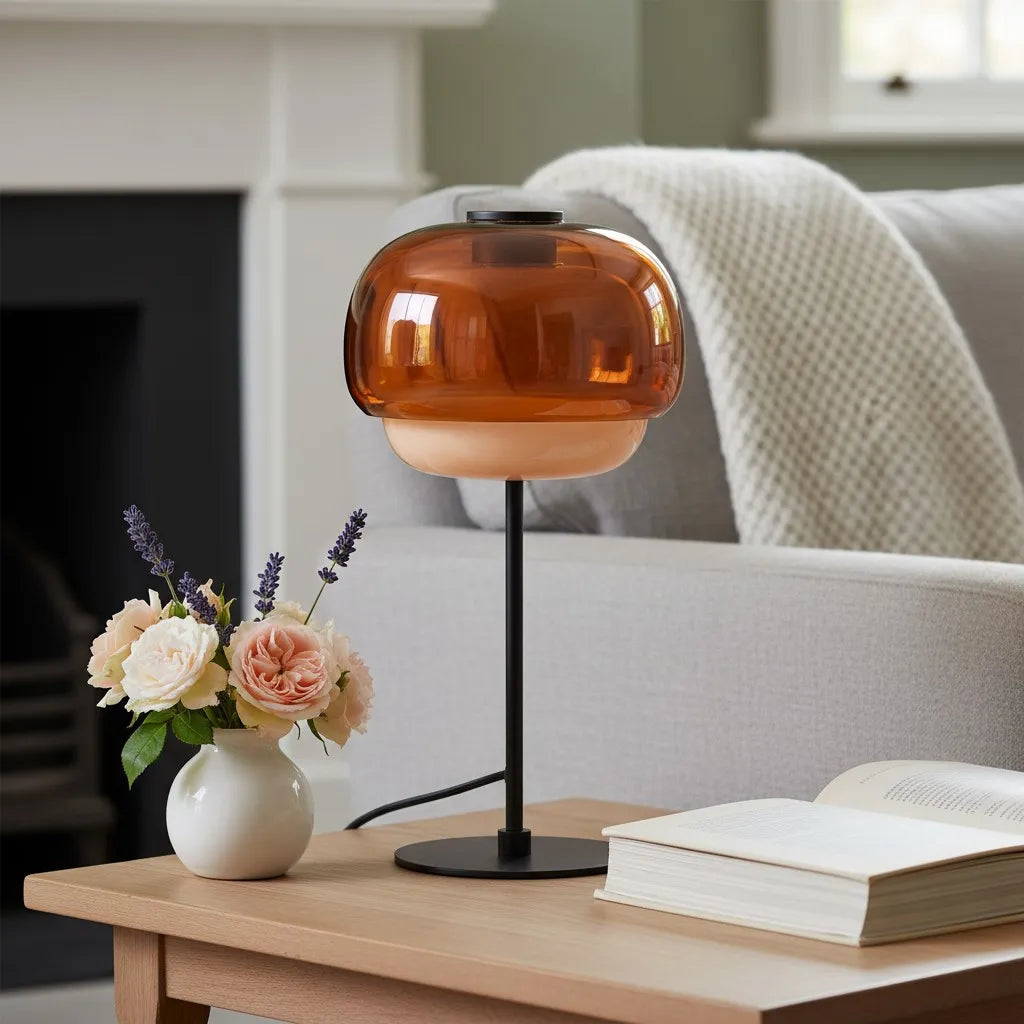 Clovelle Retro-Tischleuchte in Pilzform aus Eisen und Glas