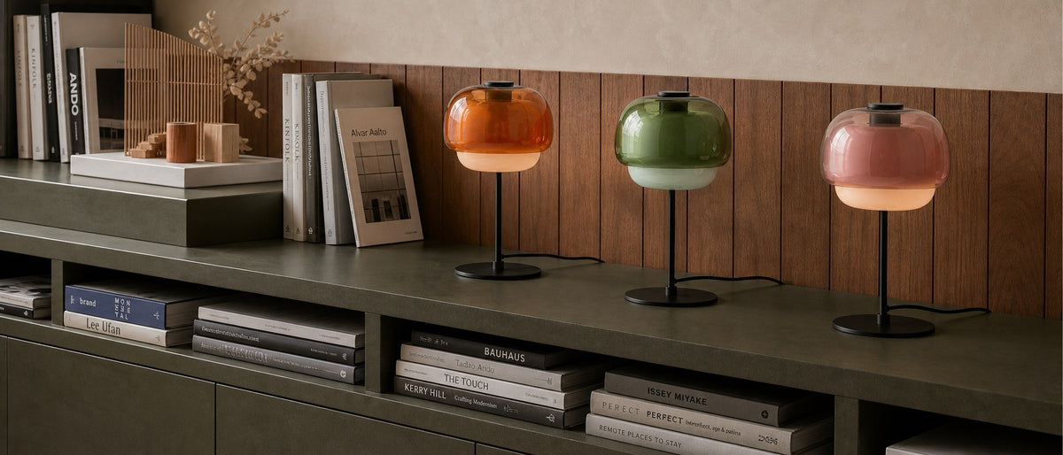 Clovelle Retro-Tischleuchte in Pilzform aus Eisen und Glas
