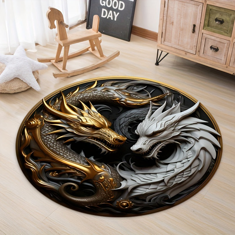 Runder Drachen Teppich modern rutschfest Wohnzimmer Gaming Design