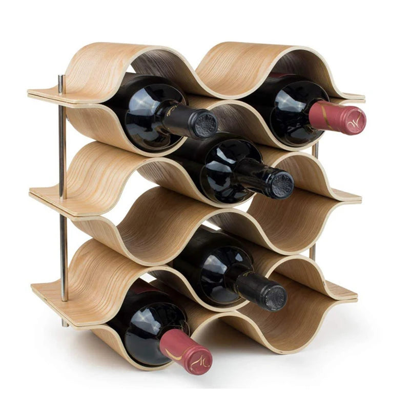 Weinregal aus massivem, wellenförmigem Holz für den Tisch
