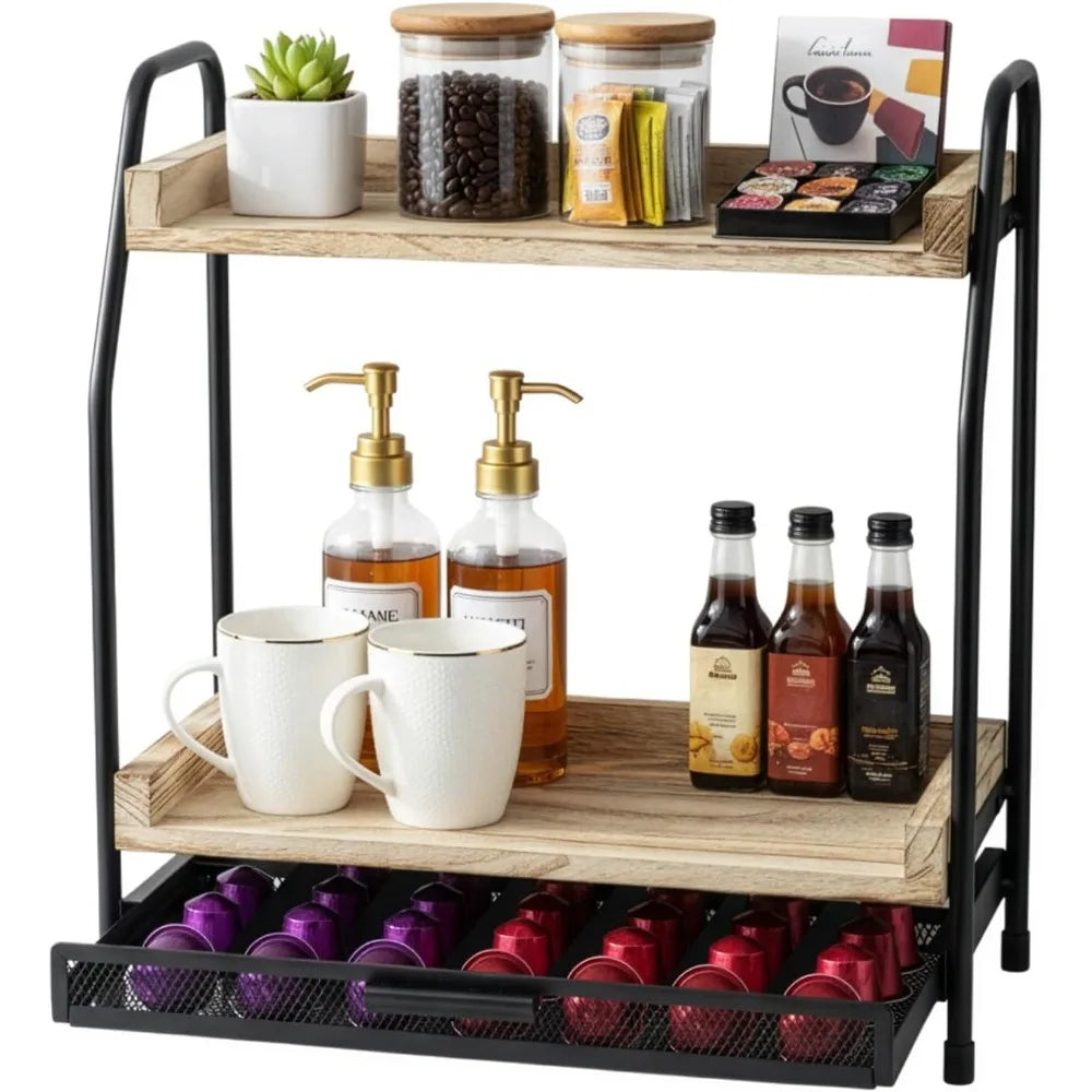 2-stöckiges Aufbewahrungsregal aus Holz für Kaffeestationen