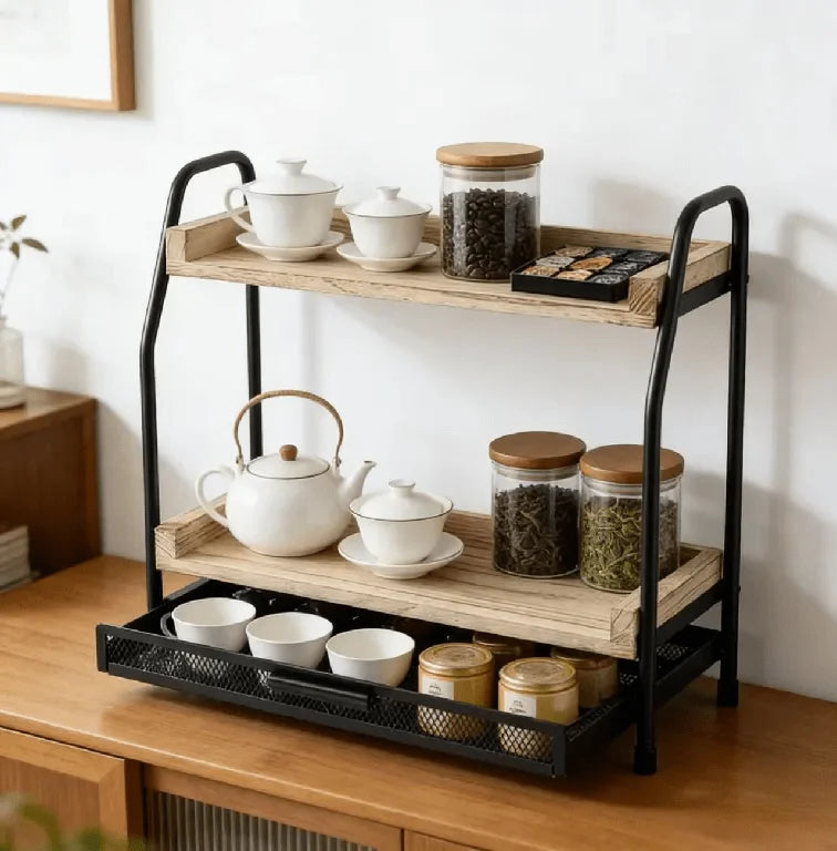 2-stöckiges Aufbewahrungsregal aus Holz für Kaffeestationen