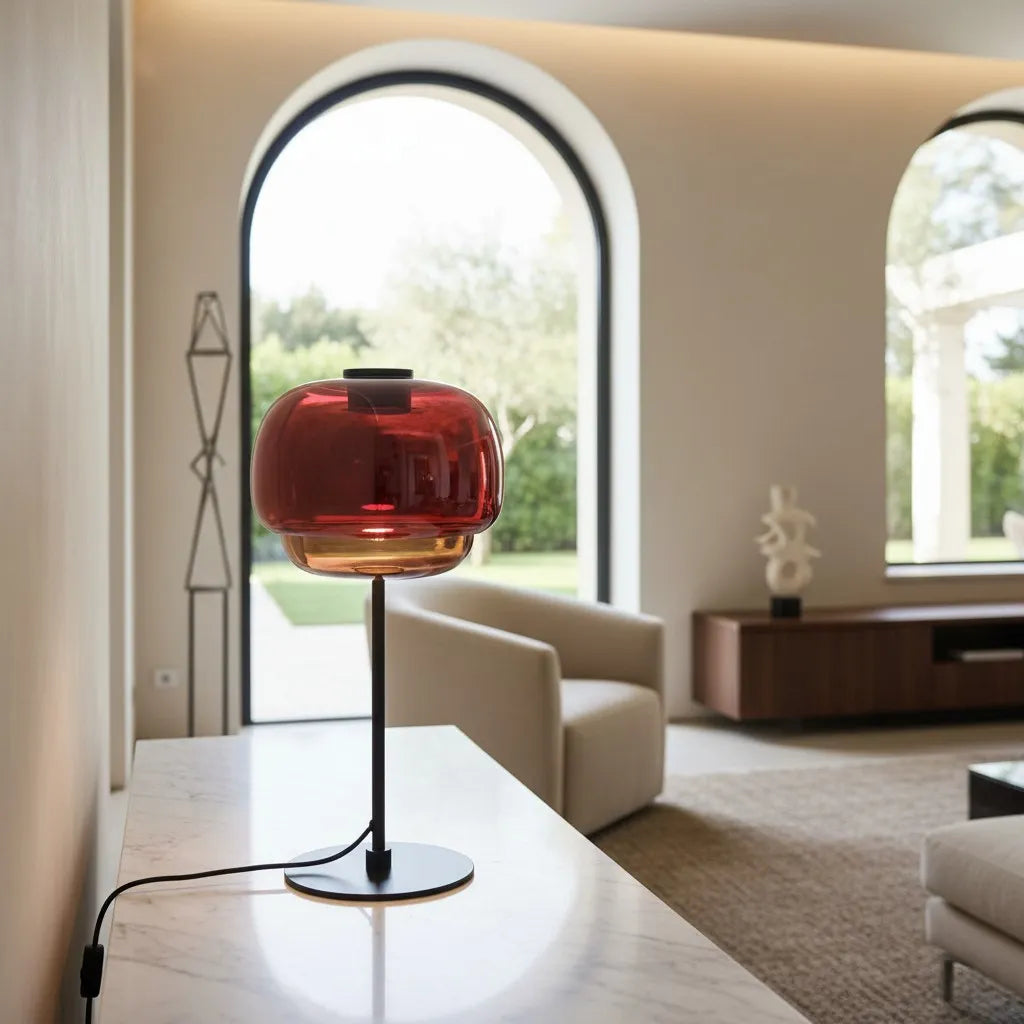 Clovelle Retro-Tischleuchte in Pilzform aus Eisen und Glas