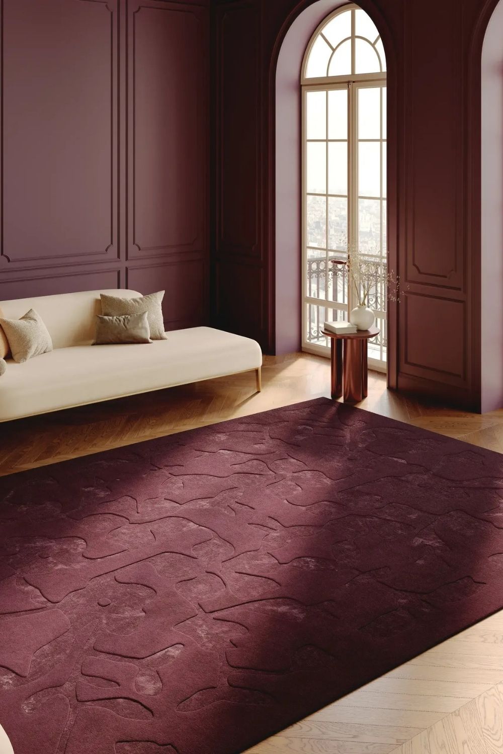 Bordeaux Wollteppich floral elegant hochwertiger Wohnzimmer Teppich modern