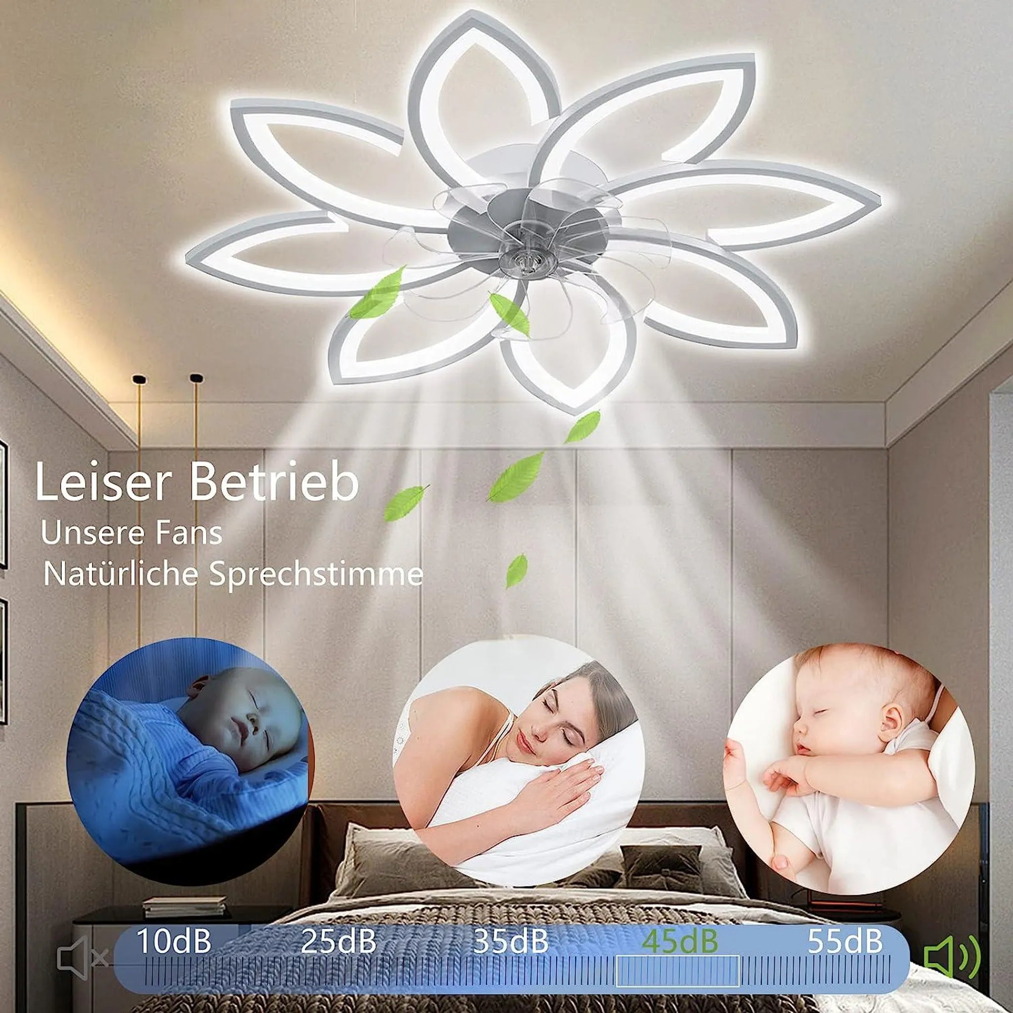 Moderner LED-Deckenventilator mit Blumenmuster und Fernbedienung