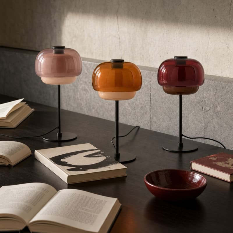 Clovelle Retro-Tischleuchte in Pilzform aus Eisen und Glas