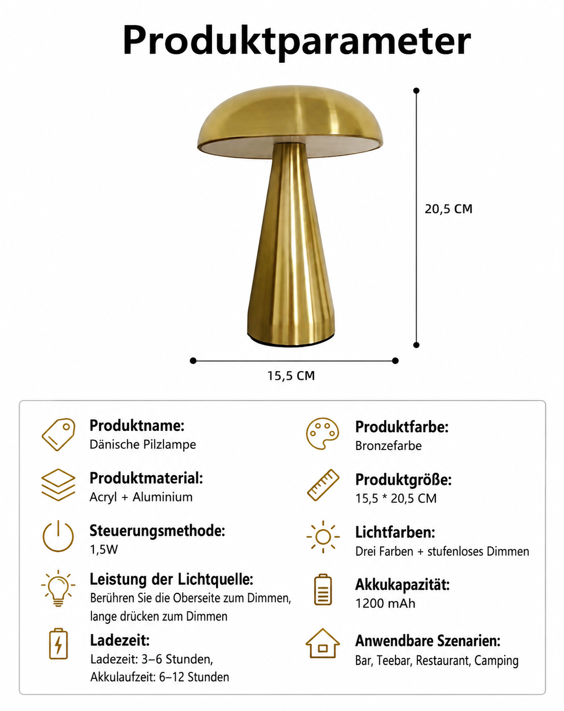 Retro-Tischlampe in Pilzform, wiederaufladbar
