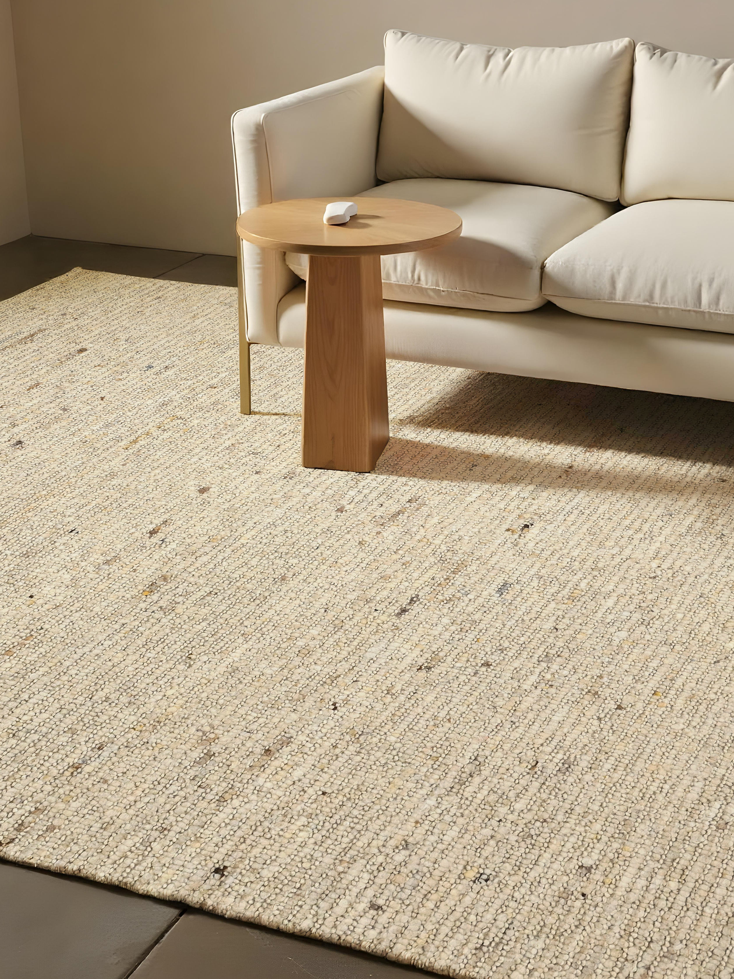 Teppich Wohnzimmer 200x300 in Beige aus Wolle Baumwolle mit flacher Struktur für modernes gemütliches Wohnambiente