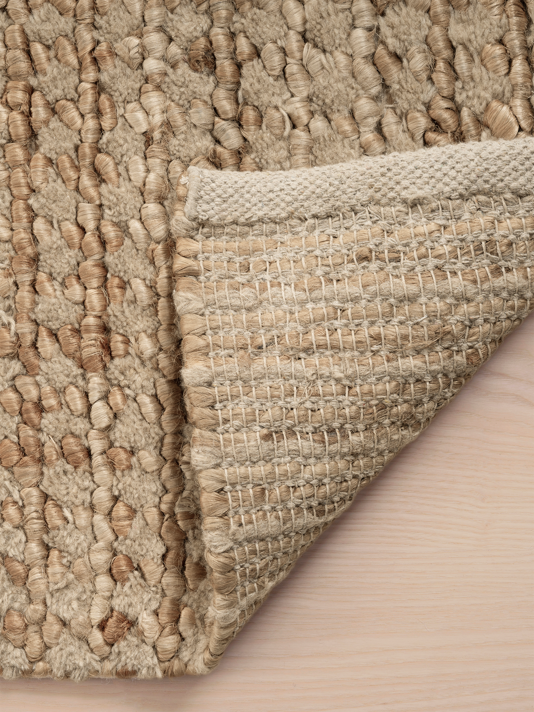 Teppich Wohnzimmer 200x300 in Braun aus Wolle Jute Baumwolle als moderner flachgewebter Naturteppich für stilvolle Wohnräume