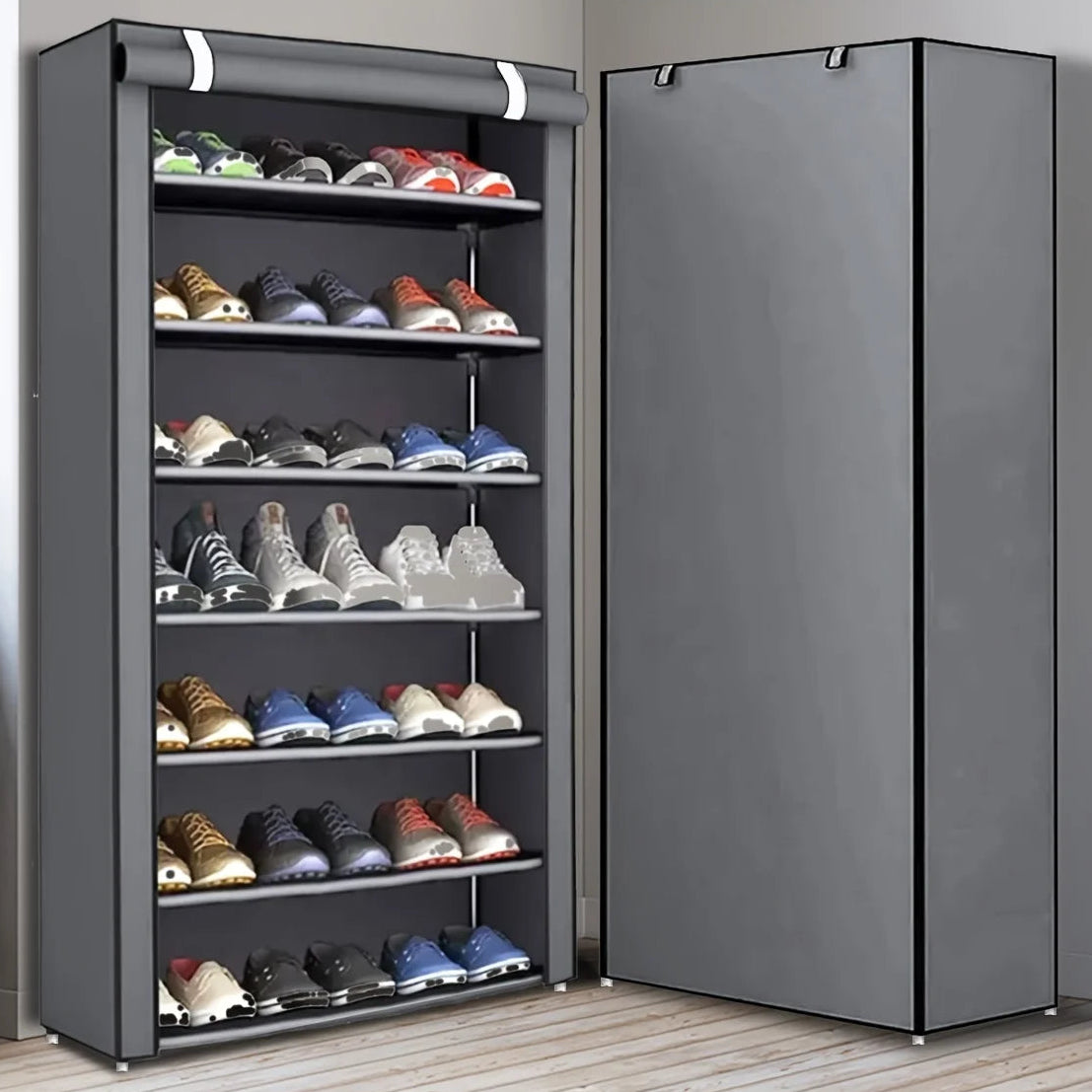Moderner Schuhschrank mit Fächern und Rolltür