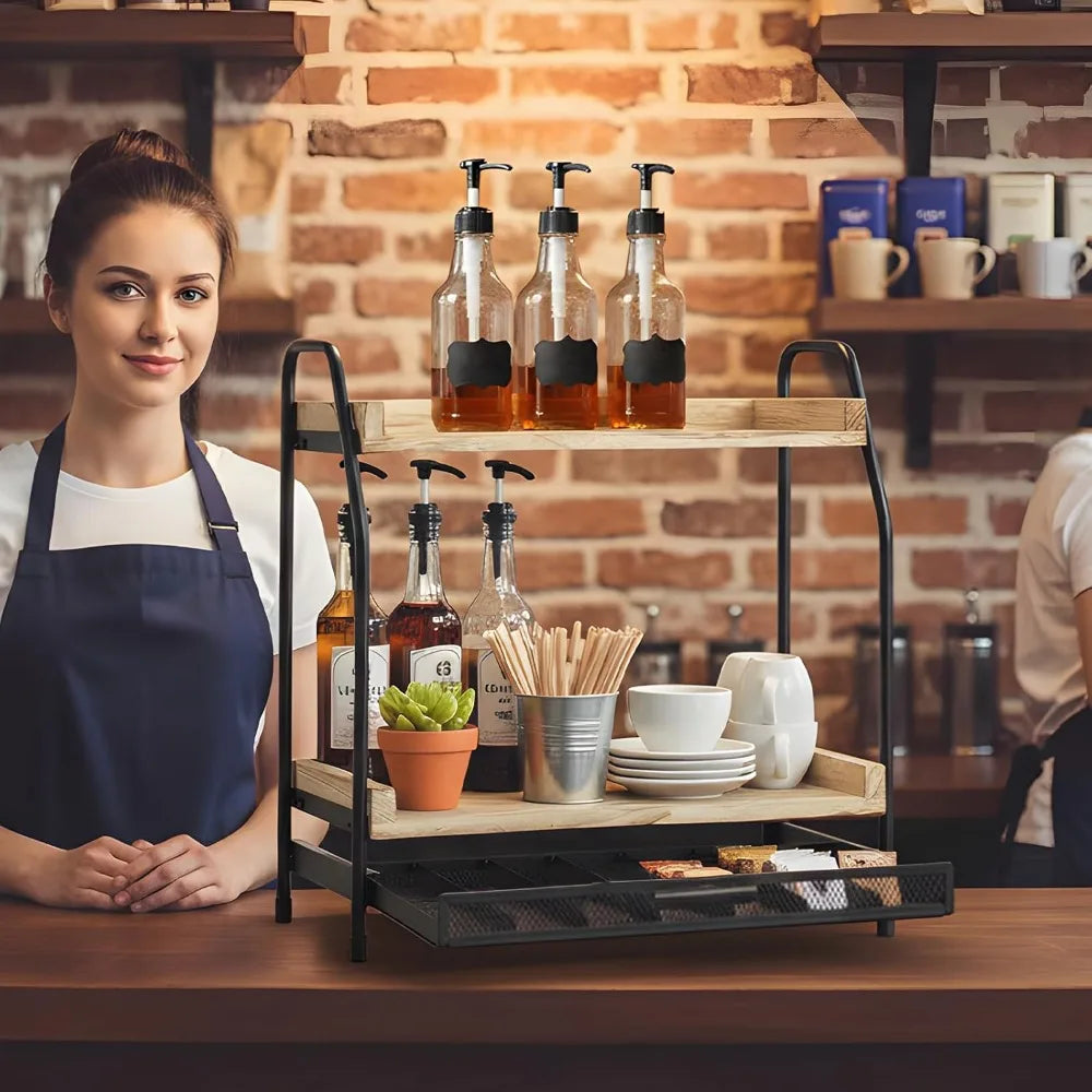 2-stöckiges Aufbewahrungsregal aus Holz für Kaffeestationen