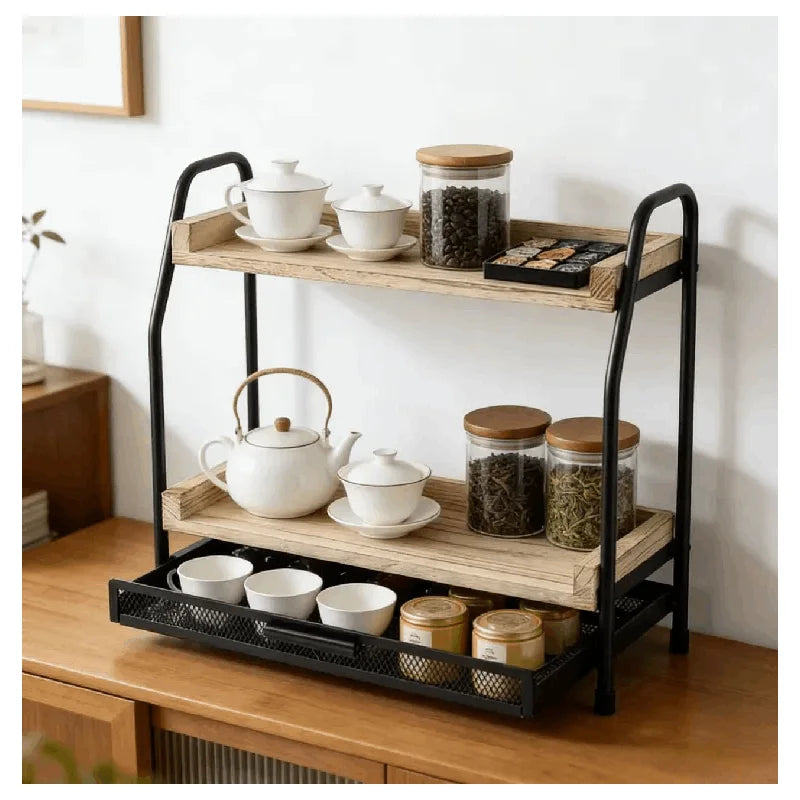 2-stöckiges Aufbewahrungsregal aus Holz für Kaffeestationen