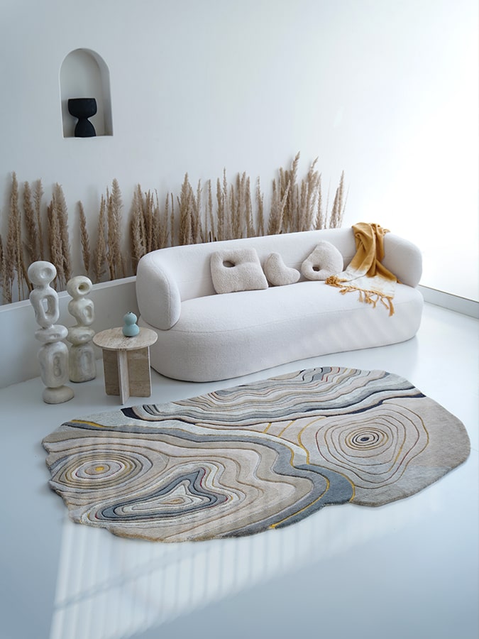 Teppich Wohnzimmer 200x300 aus Wolle in Beige, moderner flauschiger Hochflorteppich für stilvolle Wohnräume